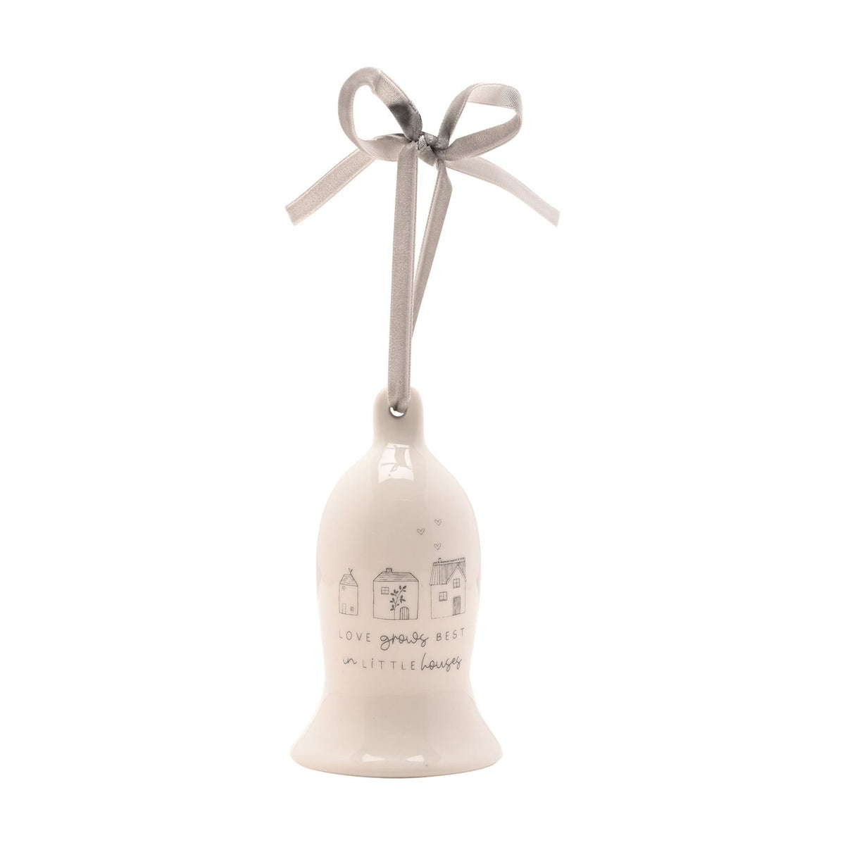Little Houses Ceramic Bell Ornament with Grey Ribbon - White