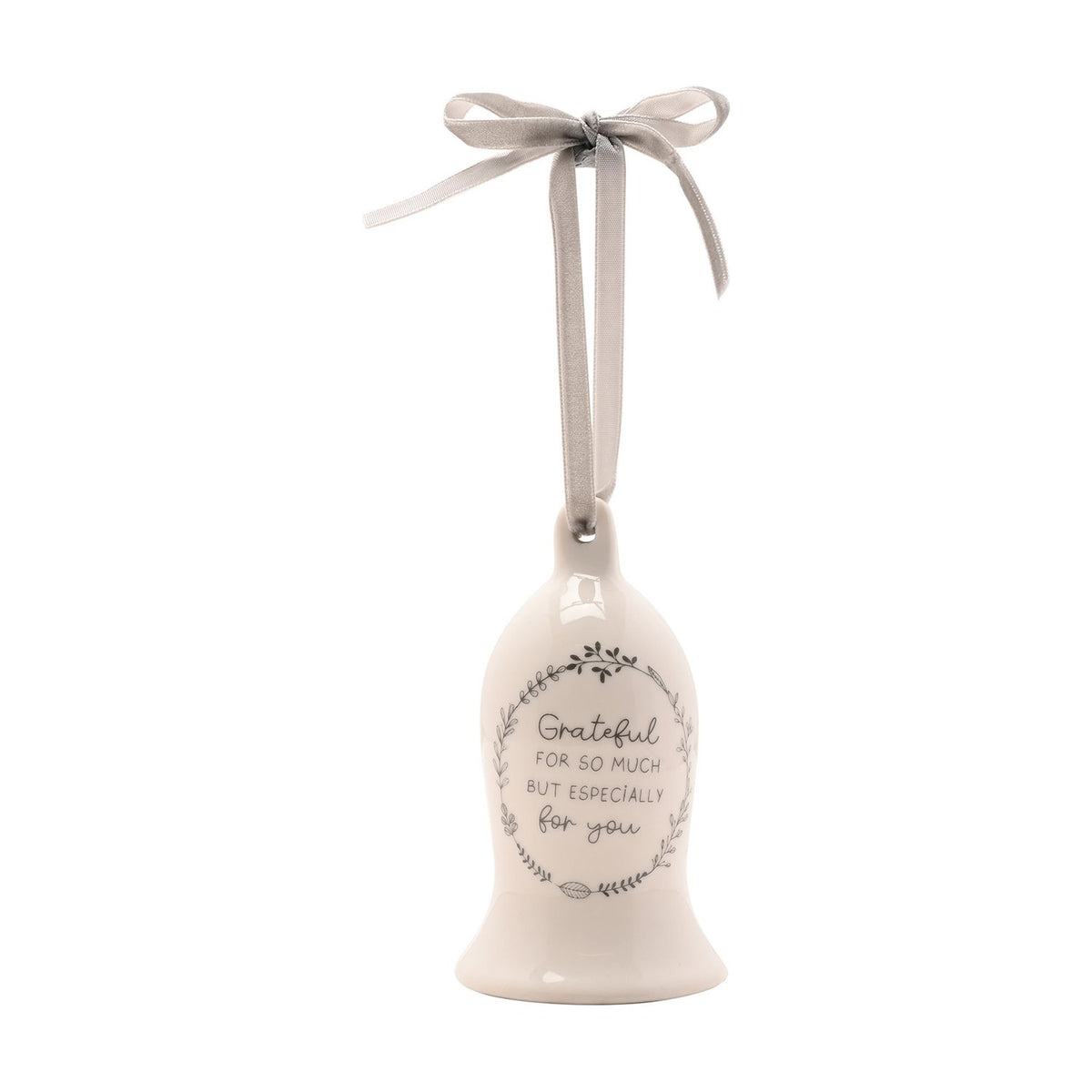 White ceramic bell ornament with grey leafy wreath and "Grateful for so much but especially for you" text, hung from a grey ribbon bow on a white background.