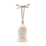 White ceramic bell ornament with a grey "Friendship isn't a big thing, it's lots of little things" wreath design, hung from a grey ribbon bow on a plain background.