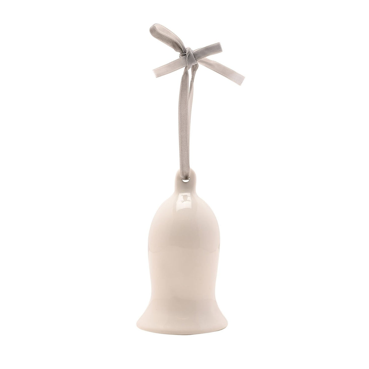 White ceramic Friendship Bell ornament with rounded shoulder and flared rim, hung by a grey ribbon tied in a bow, shown on a plain white background.