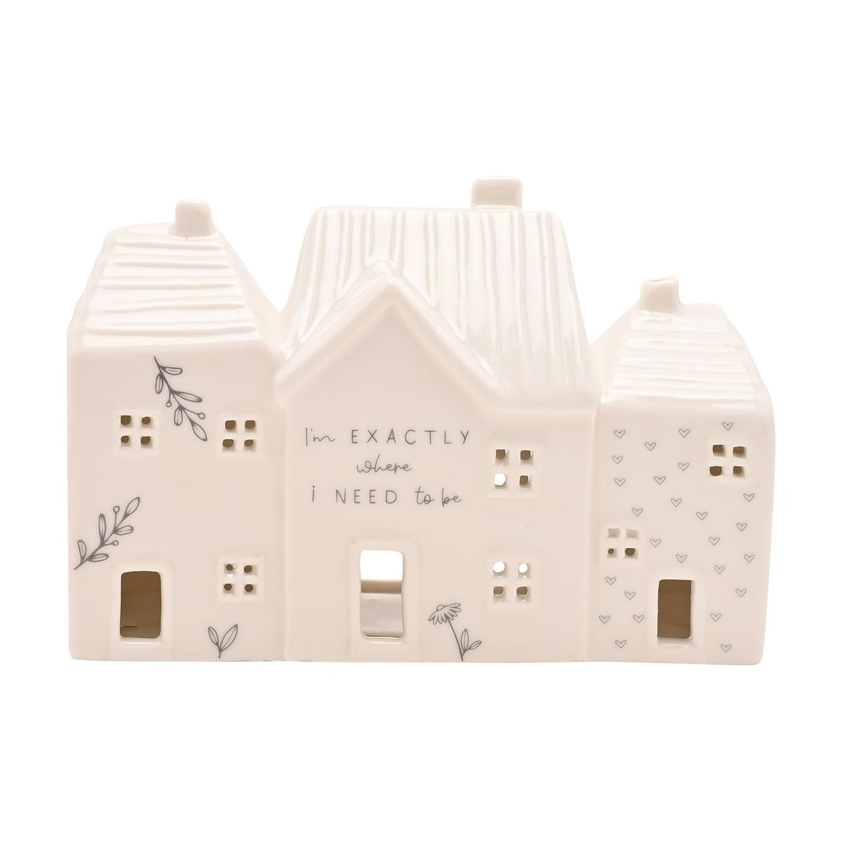 White ceramic tea light holder shaped like three terraced houses with ribbed roofs, chimneys, cut-out windows, botanical and heart details, centre reads Im exactly where I need to be.