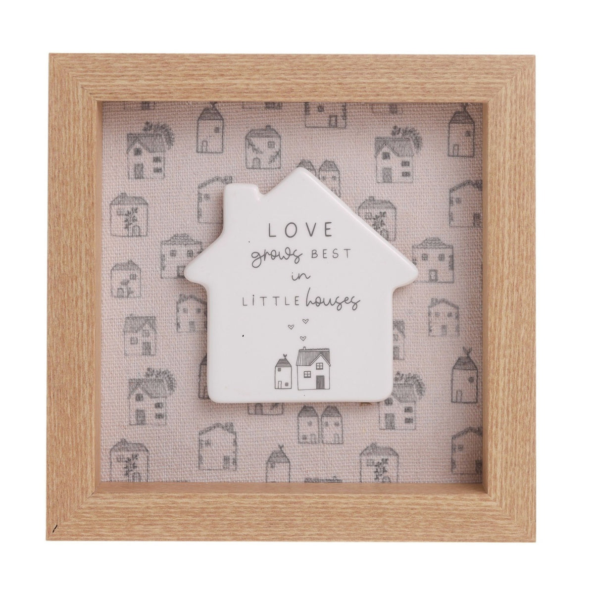 Little Houses Box Framed Wooden Plaque 15cm x 15cm - Brown