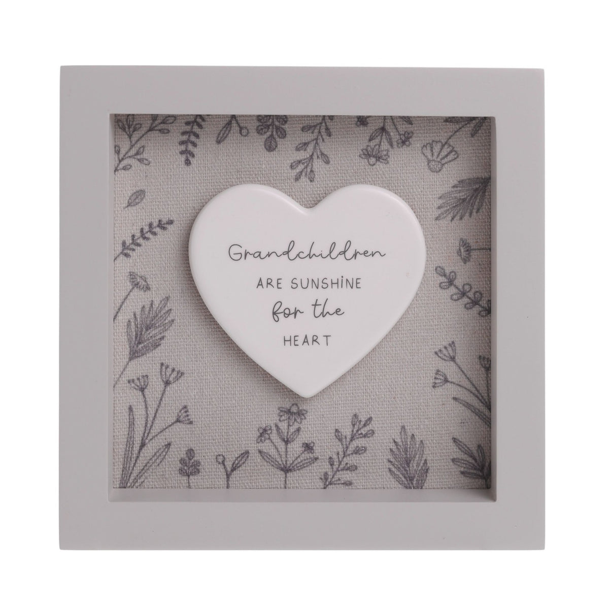 Square off white wooden framed plaque, 15cm x 15cm, with a white heart centred on a grey floral linen-look background, reading "Grandchildren are sunshine for the heart".
