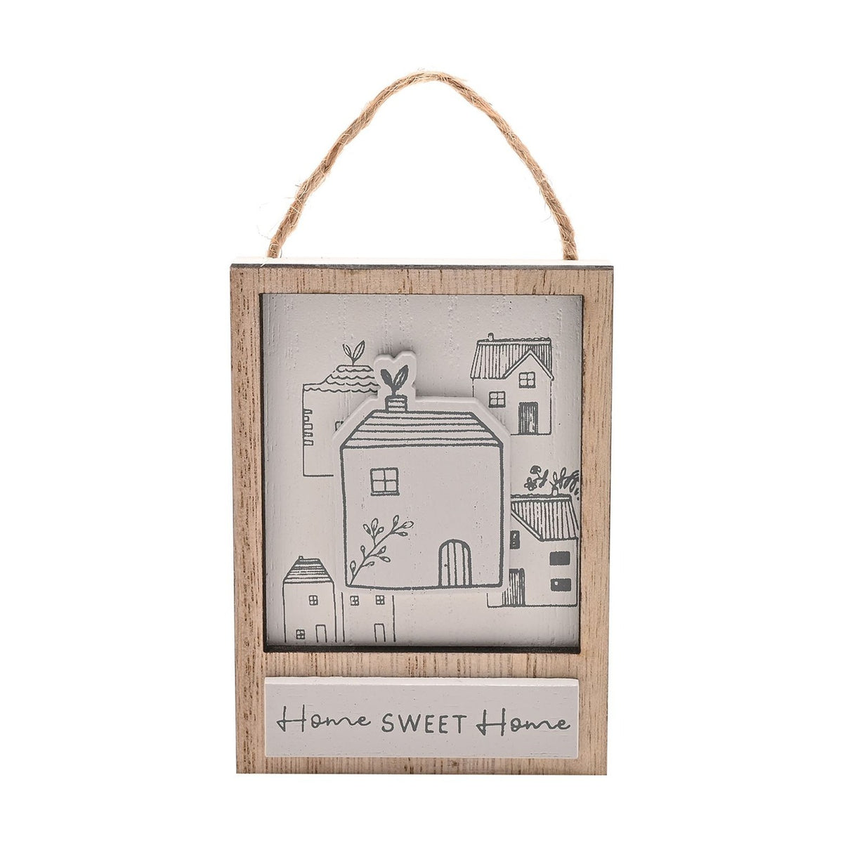 Home Mini Wooden Frame Plaque with Hanging Cord - White