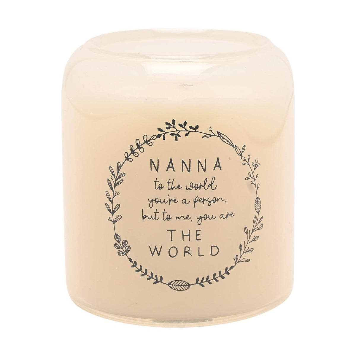 Round cream scented candle in a glass jar, printed with a grey leafy wreath and "Nanna to the world... THE WORLD" sentiment, on a plain white background.