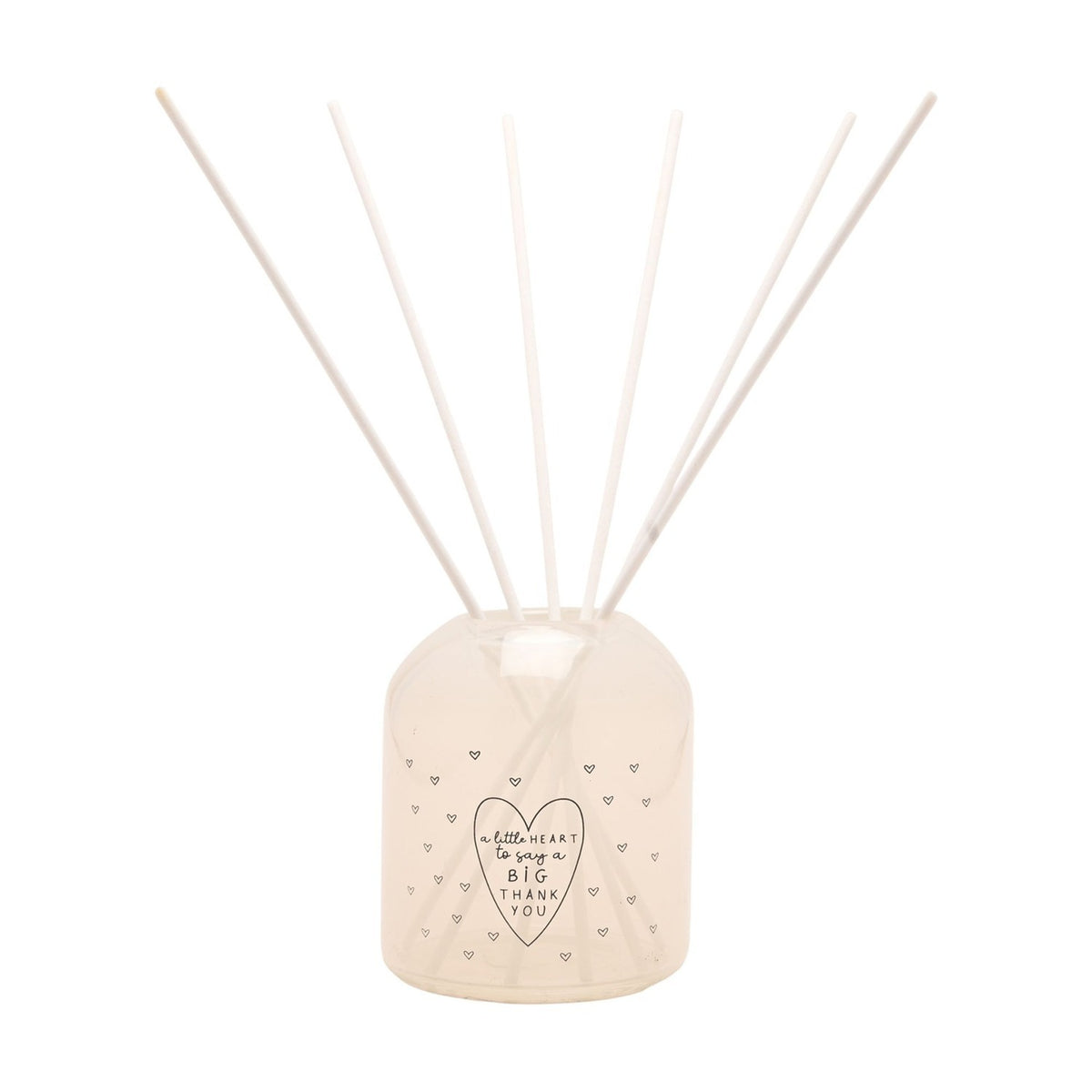 Cream glass reed diffuser bottle with scattered grey heart print and "a little HEART to say a BIG THANK YOU" text, white fanned reeds, 200ml, on a plain white background.