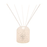 Cream glass reed diffuser bottle with scattered grey heart print and "a little HEART to say a BIG THANK YOU" text, white fanned reeds, 200ml, on a plain white background.