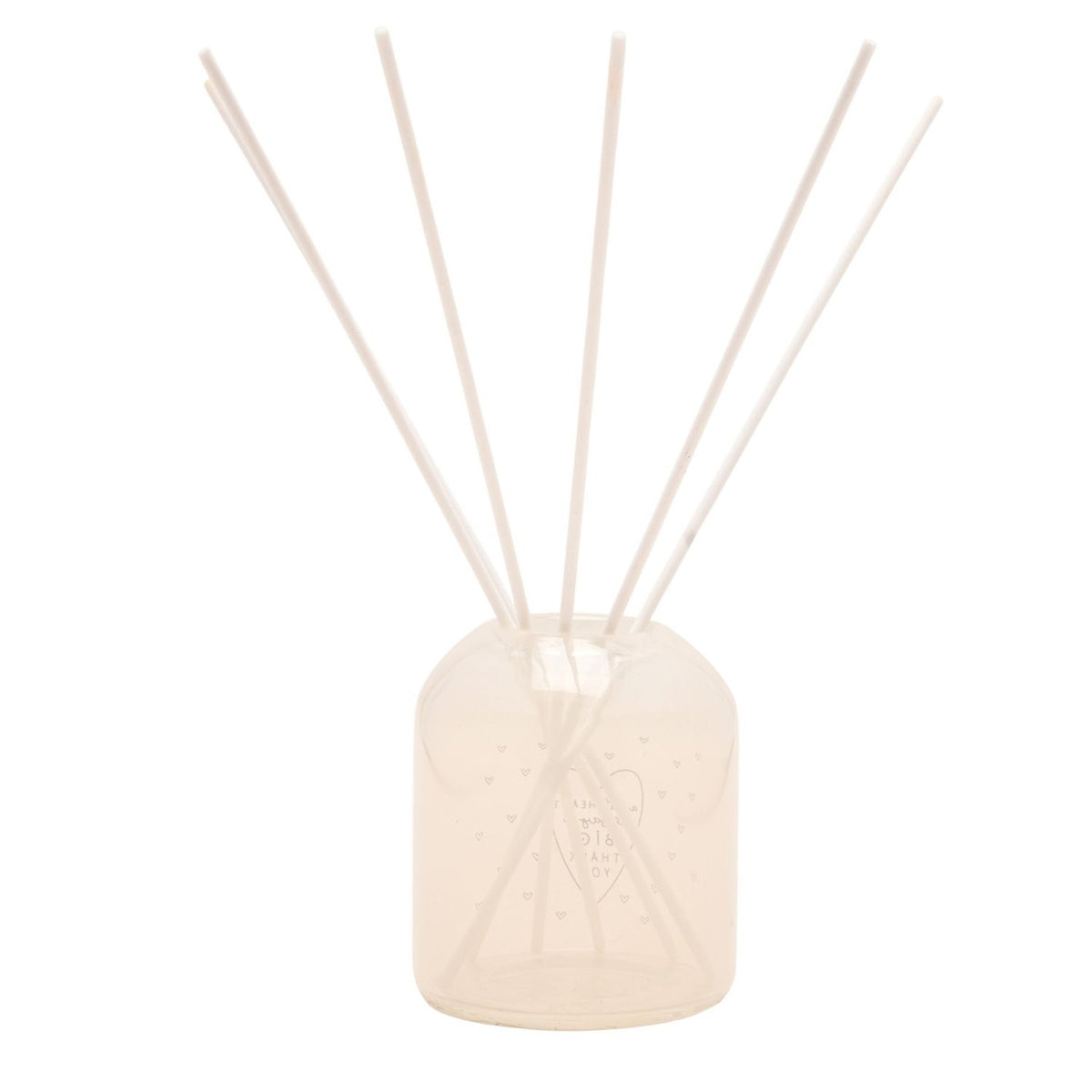 Thank You Heart Print Reed Diffuser 200ml in cream glass with grey heart detailing and tall white reeds, shown on a plain white background.