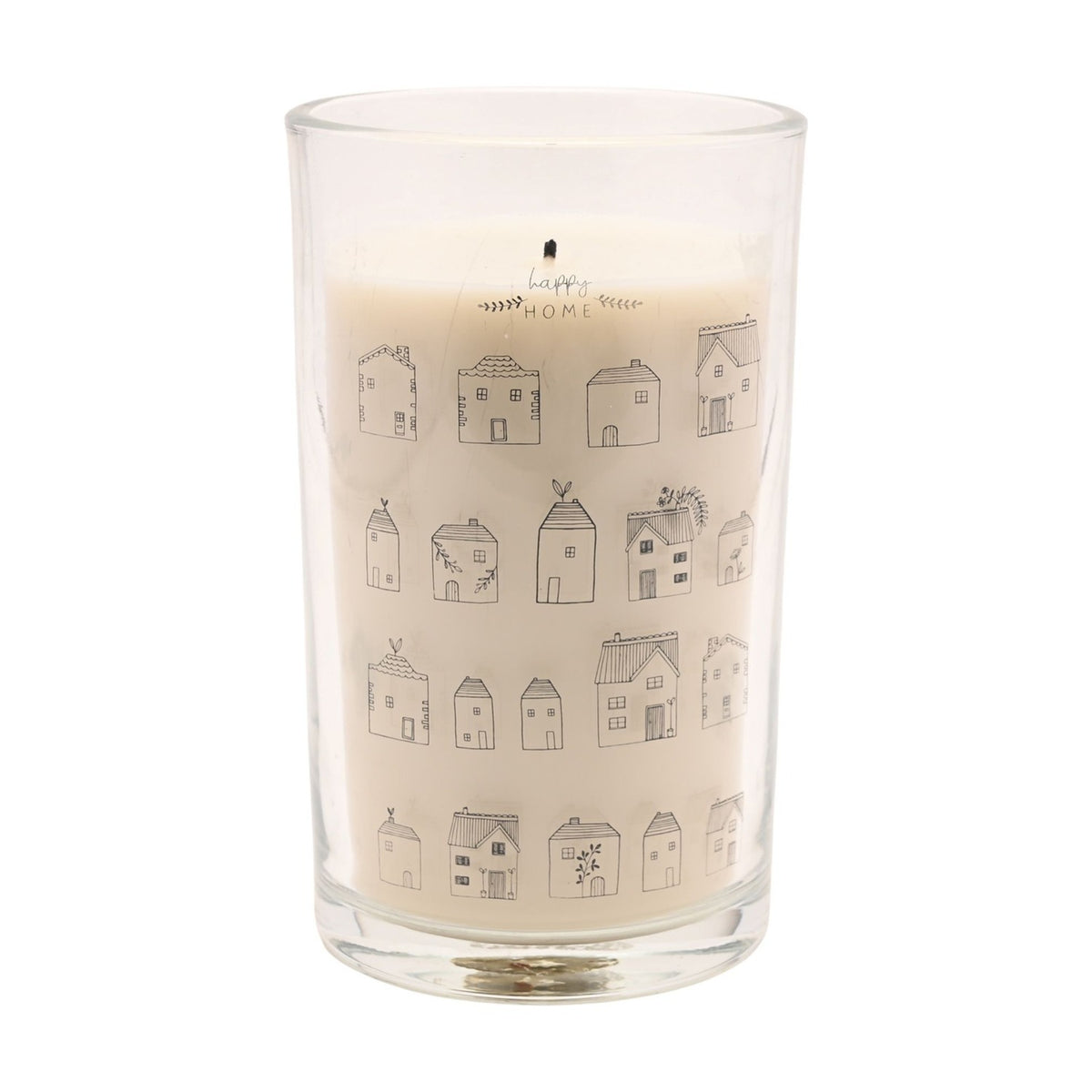 Happy Home House Print Tall Scented Candle, cream wax in a clear glass jar with grey house illustrations and "happy HOME" text, shown against a plain white background.