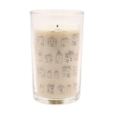Happy Home House Print Tall Scented Candle, cream wax in a clear glass jar with grey house illustrations and "happy HOME" text, shown against a plain white background.