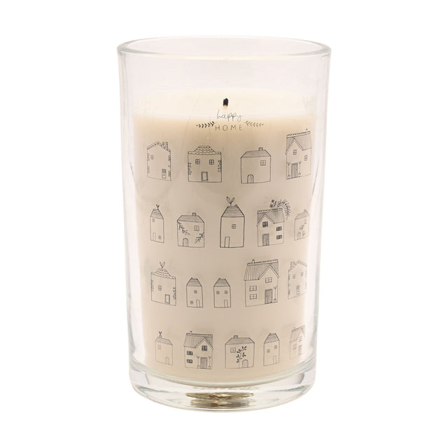 Happy Home House Print Tall Scented Candle, cream wax in a clear glass jar with grey house illustrations and "happy HOME" text, shown against a plain white background.
