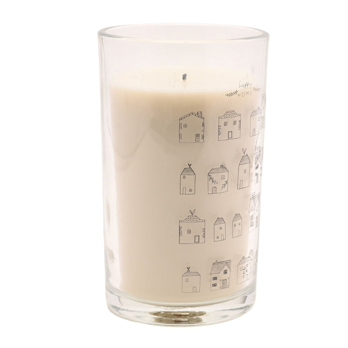 Happy Home House Print Tall Scented Candle, 480g, in a clear glass jar with cream wax, featuring grey hand-drawn house illustrations and "happy HOME" text, on a plain white background.