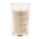 Happy Home House Print Tall Scented Candle, 480g, in a clear glass jar with cream wax, featuring grey hand-drawn house illustrations and "happy HOME" text, on a plain white background.