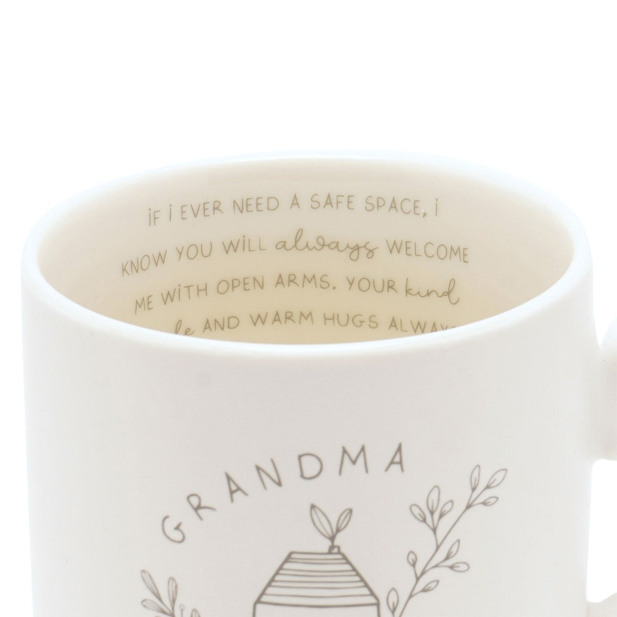 Close-up of the cream Grandma Best Friend Mug 400ml, showing handwritten-style text inside the rim and a line-drawn house with sprigs and "GRANDMA" on the outer surface.