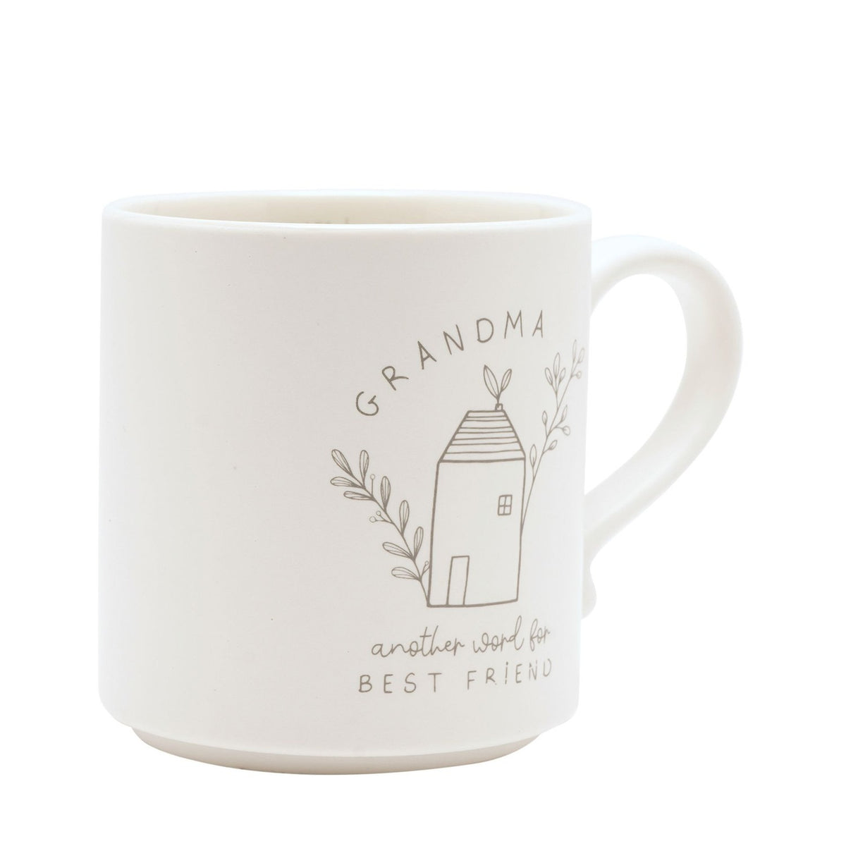 Cream ceramic mug with C-handle, featuring a line-drawn house and leafy sprigs, "GRANDMA" arched above and "another word for best friend" below, on a plain white background.