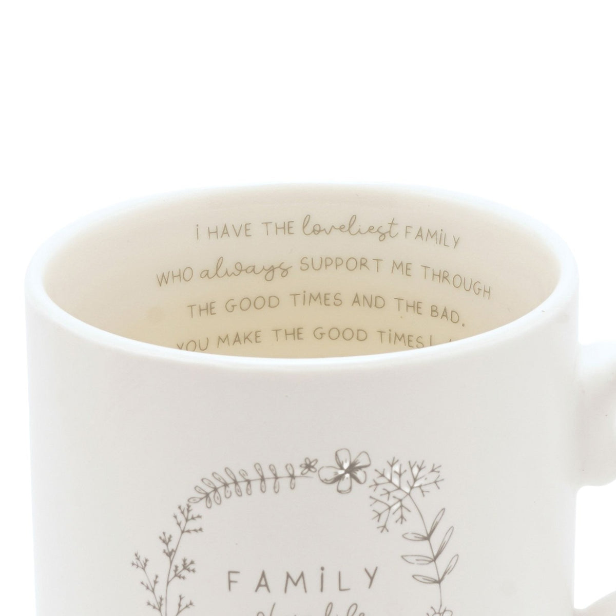 Cream mug interior close-up showing a printed family verse around the rim, with a grey floral wreath design visible below on the exterior.