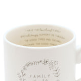 Cream mug interior close-up showing a printed family verse around the rim, with a grey floral wreath design visible below on the exterior.