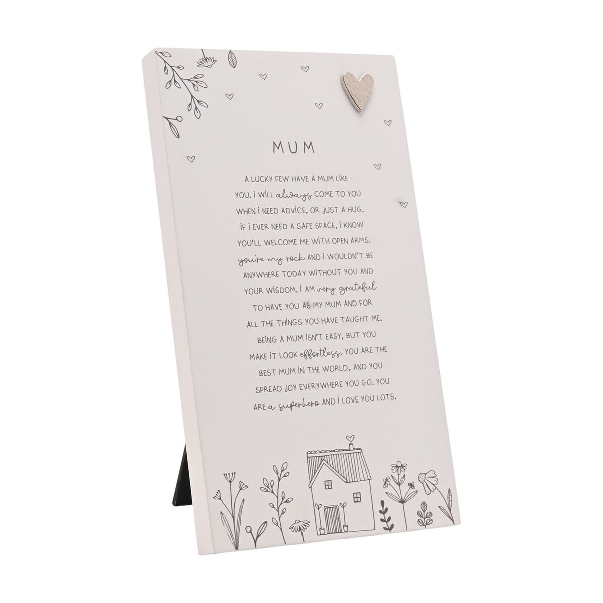 Mum Standing Verse Plaque with Heart - Off White & Grey
