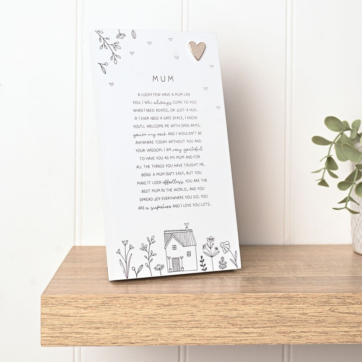 Mum Standing Verse Plaque with Heart - Off White & Grey