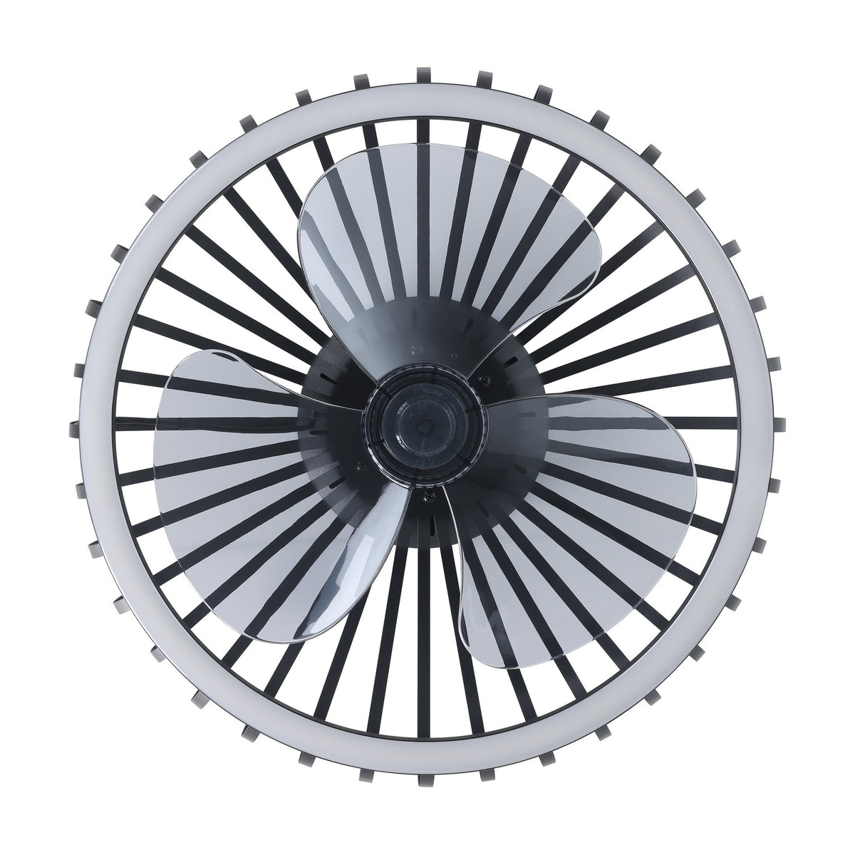 Mogano ceiling fan with light in black, round caged design with curved steel slats, three clear blades, and an integrated LED ring, shown front-on against a plain white background.