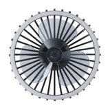 Mogano ceiling fan with light in black, round caged design with curved steel slats, three clear blades, and an integrated LED ring, shown front-on against a plain white background.