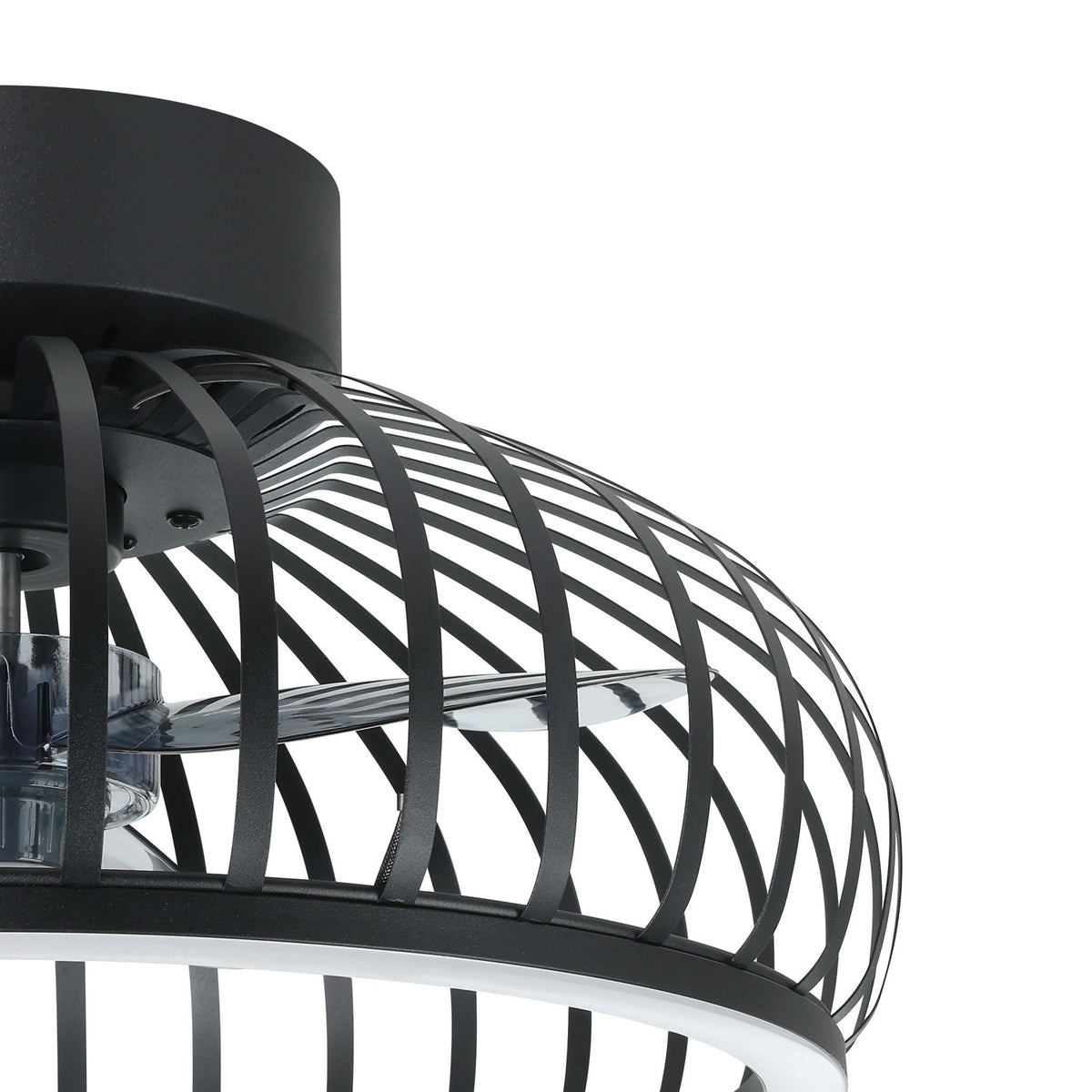 Close-up of the Mogano ceiling fan with light in black, showing curved steel cage slats, clear fan blades, and integrated LED ring, against a plain white background.