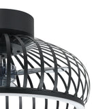 Close-up of the Mogano ceiling fan with light in black, showing curved steel cage slats, clear fan blades, and integrated LED ring, against a plain white background.
