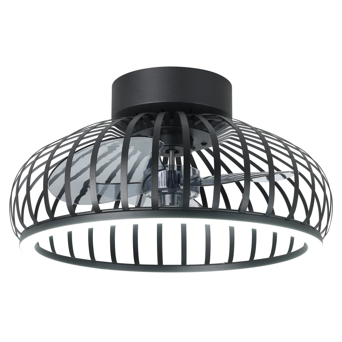 Mogano ceiling fan with light in black, a low rounded fitting with curved steel slats caging clear blades and an integrated LED ring around the base rim, shown on a plain white background.
