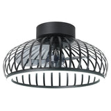 Mogano ceiling fan with light in black, a low rounded fitting with curved steel slats caging clear blades and an integrated LED ring around the base rim, shown on a plain white background.