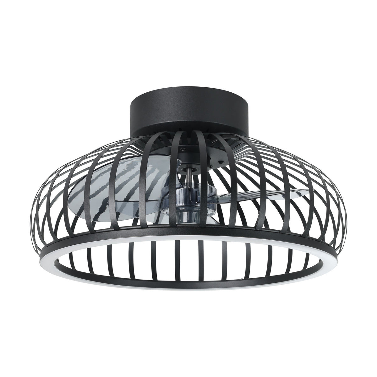 Mogano ceiling fan with light in black, a low rounded fitting with curved steel slat cage, three clear blades, and an integrated LED ring on the lower rim, shown on a plain white background.