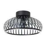 Mogano ceiling fan with light in black, a low rounded fitting with curved steel slat cage, three clear blades, and an integrated LED ring on the lower rim, shown on a plain white background.