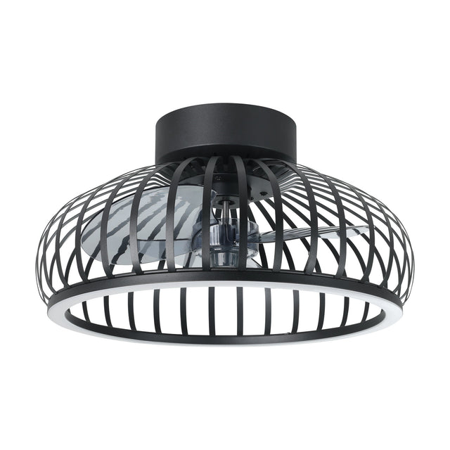 Mogano ceiling fan with light in black, a low rounded fitting with curved steel slat cage, three clear blades, and an integrated LED ring on the lower rim, shown on a plain white background.