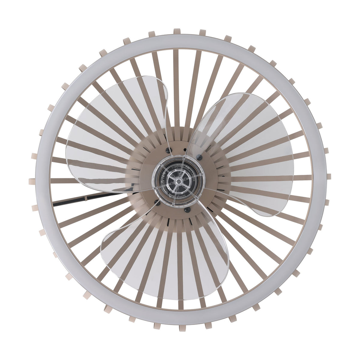 Mogano ceiling fan with light, viewed from below, showing a round sand-finish steel slat cage, clear blades, and grey central motor, on a plain white background.