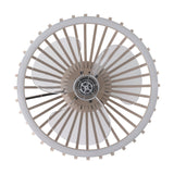 Mogano ceiling fan with light, viewed from below, showing a round sand-finish steel slat cage, clear blades, and grey central motor, on a plain white background.