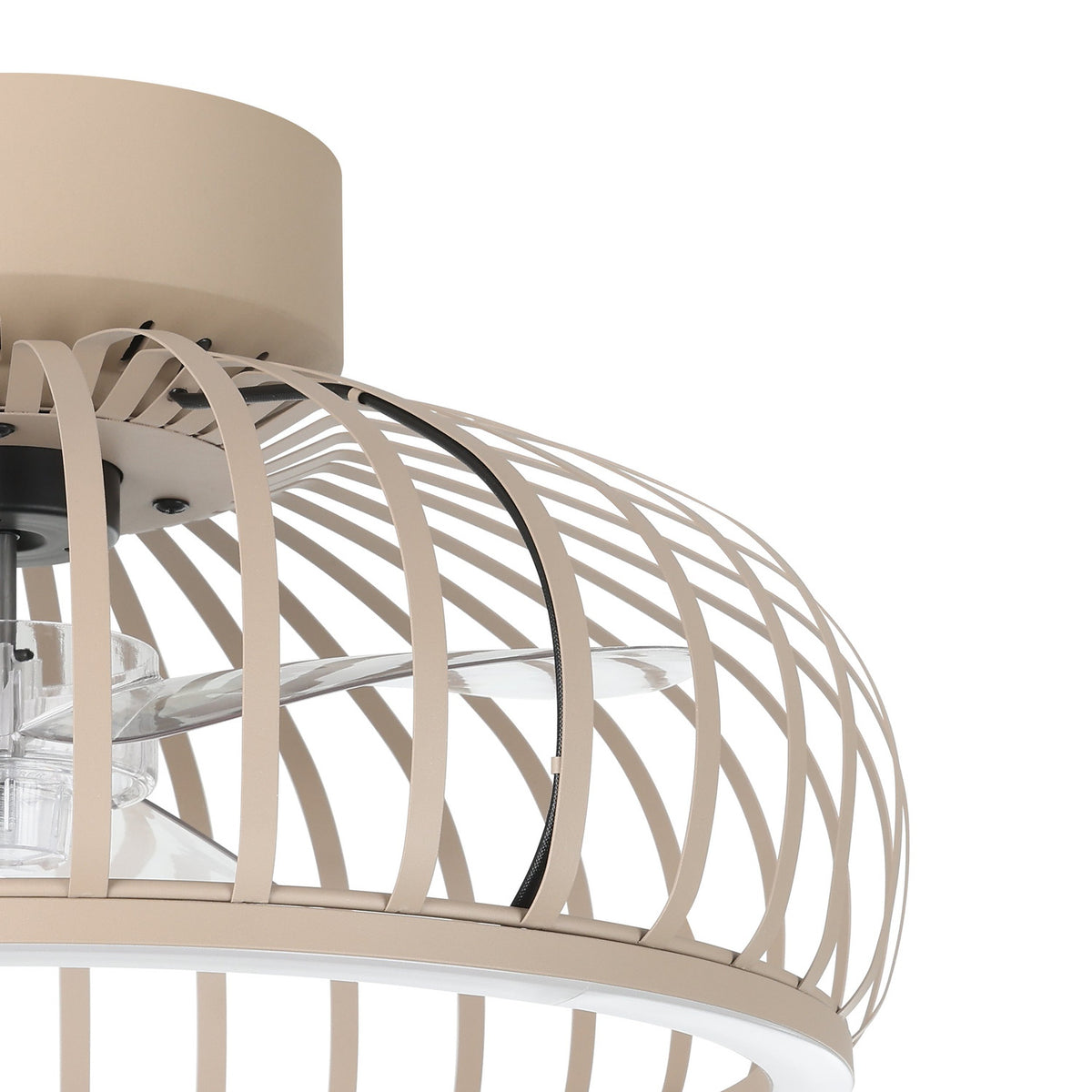 Close-up of the Mogano ceiling fan with light, showing curved sand-finish steel slats forming a rounded cage around clear fan blades and a dark grey motor, mounted on a round flush ceiling canopy.