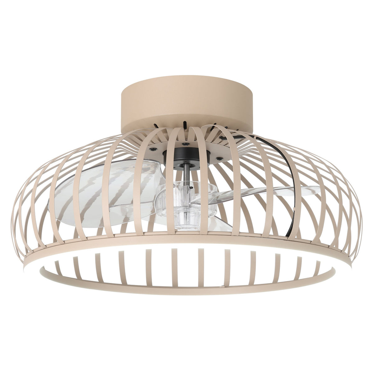 Mogano ceiling fan with light, featuring a round sand-finish steel cage enclosing clear blades and a dark grey motor, mounted on a flush round canopy against a plain white background.
