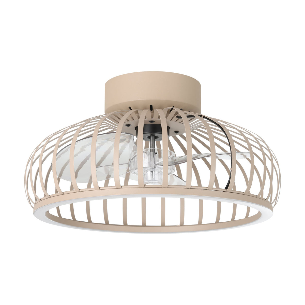 Mogano ceiling fan with light, featuring curved sand-toned steel slats around clear blades and a dark grey motor, with a round flush ceiling canopy, on a white background.
