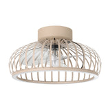 Mogano ceiling fan with light, featuring curved sand-toned steel slats around clear blades and a dark grey motor, with a round flush ceiling canopy, on a white background.