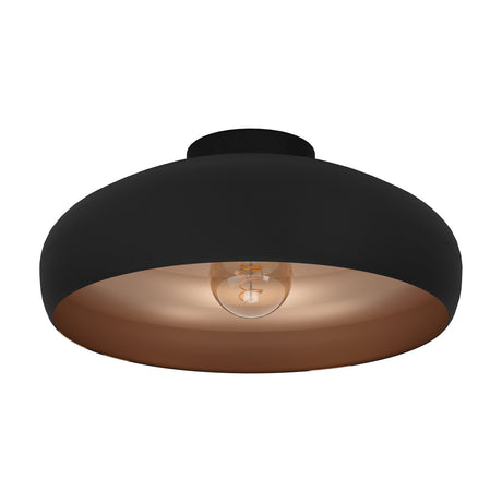 Mogano Ceiling Light - a flush-mount steel dome in matt black with a copper-coloured interior, holding a single E27 bulb, shown on a plain white background.