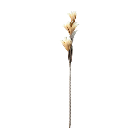 Molave Artificial Flower stem with three cupped blooms, cream petal tips shading to tan, pale stamens, taupe leaves, and a long slender brown stem on a plain white background.