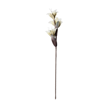 Molave artificial flower stem with three cream and white lily-like blooms, fine stamens and brown leaves on a tall brown stem, shown against a plain white background.
