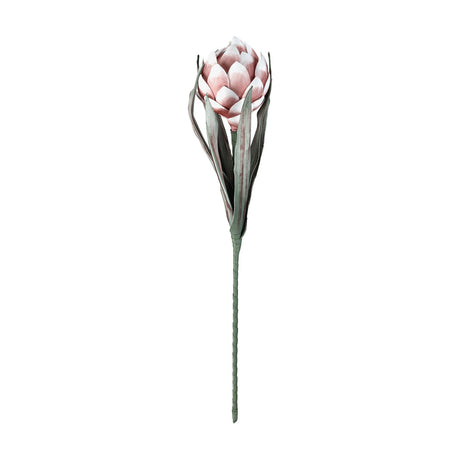 Molave Artificial Flower 60cm in Pink & White, a single protea-style stem with a rounded petal head and sage-green leaves on a wrapped stem, shown against a plain white background.