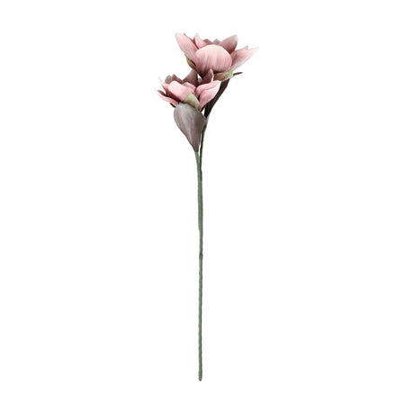 Molave Artificial Flower 83cm on a single long stem with two open pink and white magnolia-style blooms and a closed bud, muted green and mauve leaves, set against a plain white background.