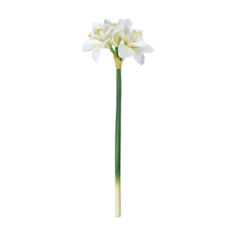 Molave Artificial Lily in white, a single stem with clustered open blooms, broad petals, and yellow stamens atop a long green stem fading to cream at the base, shown on a plain white background.