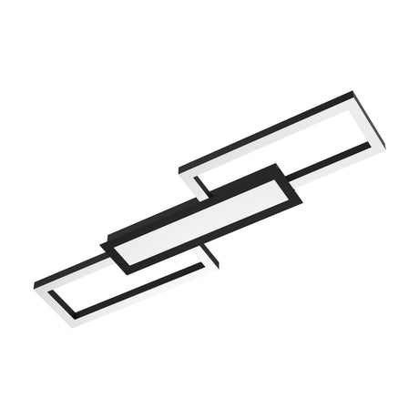 Monirote LED flush ceiling light in black, featuring two offset rectangular frames bridged by a central panel with white plastic diffusers, shown on a plain white background.