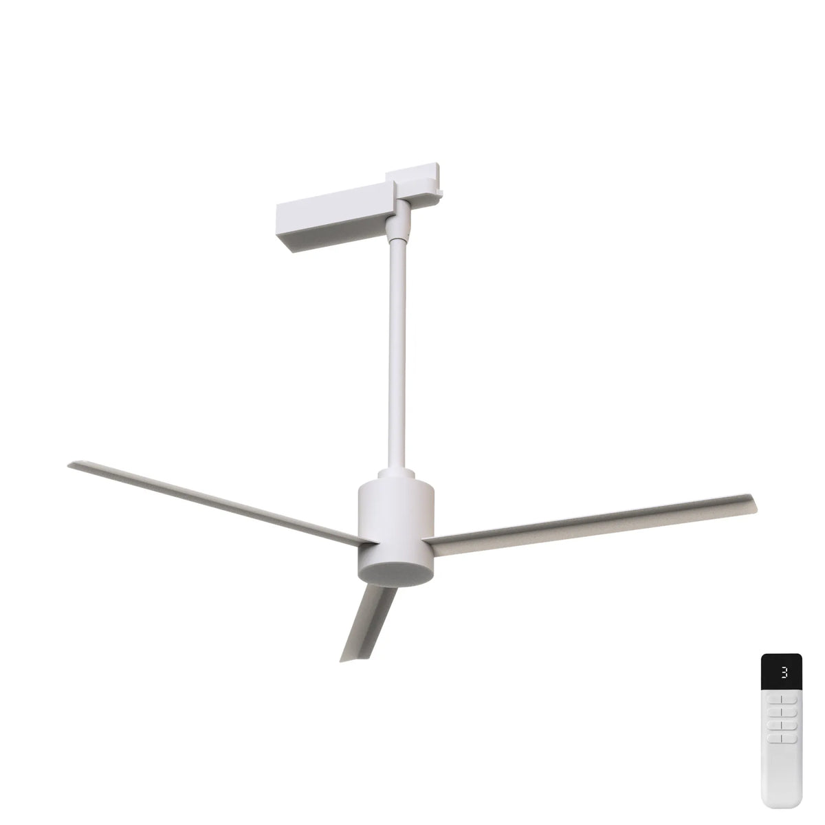 Monkey Ceiling Fan with Light 84cm in white, three-blade design on a slim track-mount pole with cylindrical motor housing, shown with remote control on a plain background.