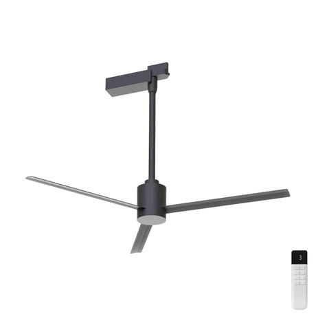 Monkey Ceiling Fan with Light 84cm in black, three-blade aluminium design with slim ceiling mount rod, shown with included remote control on a plain white background.