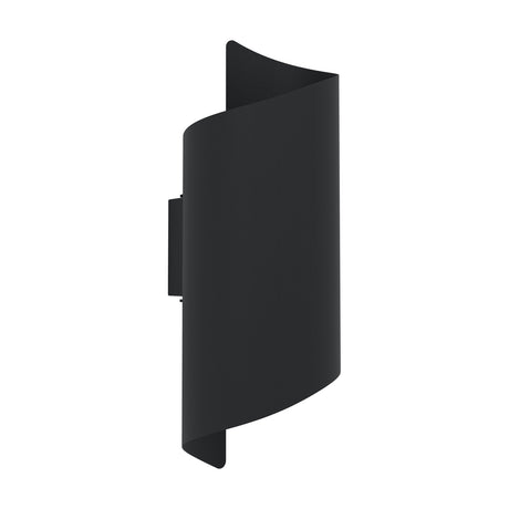 Montarello LED Outdoor Wall Light in black steel, curled scroll-shaped design with integrated LED, IP44 rated, shown on a plain white background.