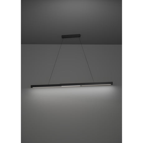 Montebuono 2 Light Pendant in anodised black, a slim bar fixture with white underside shade suspended on two wires from a rectangular ceiling canopy, shown illuminated against a grey background.