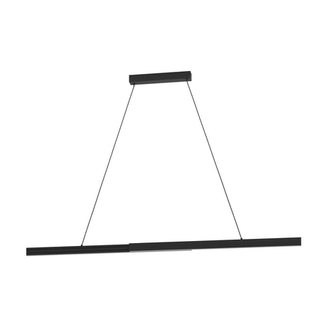 Montebuono 2 Light Pendant in anodised black, a slim linear bar with white diffuser strip, suspended on two fine wires from a rectangular ceiling canopy against a plain white background.